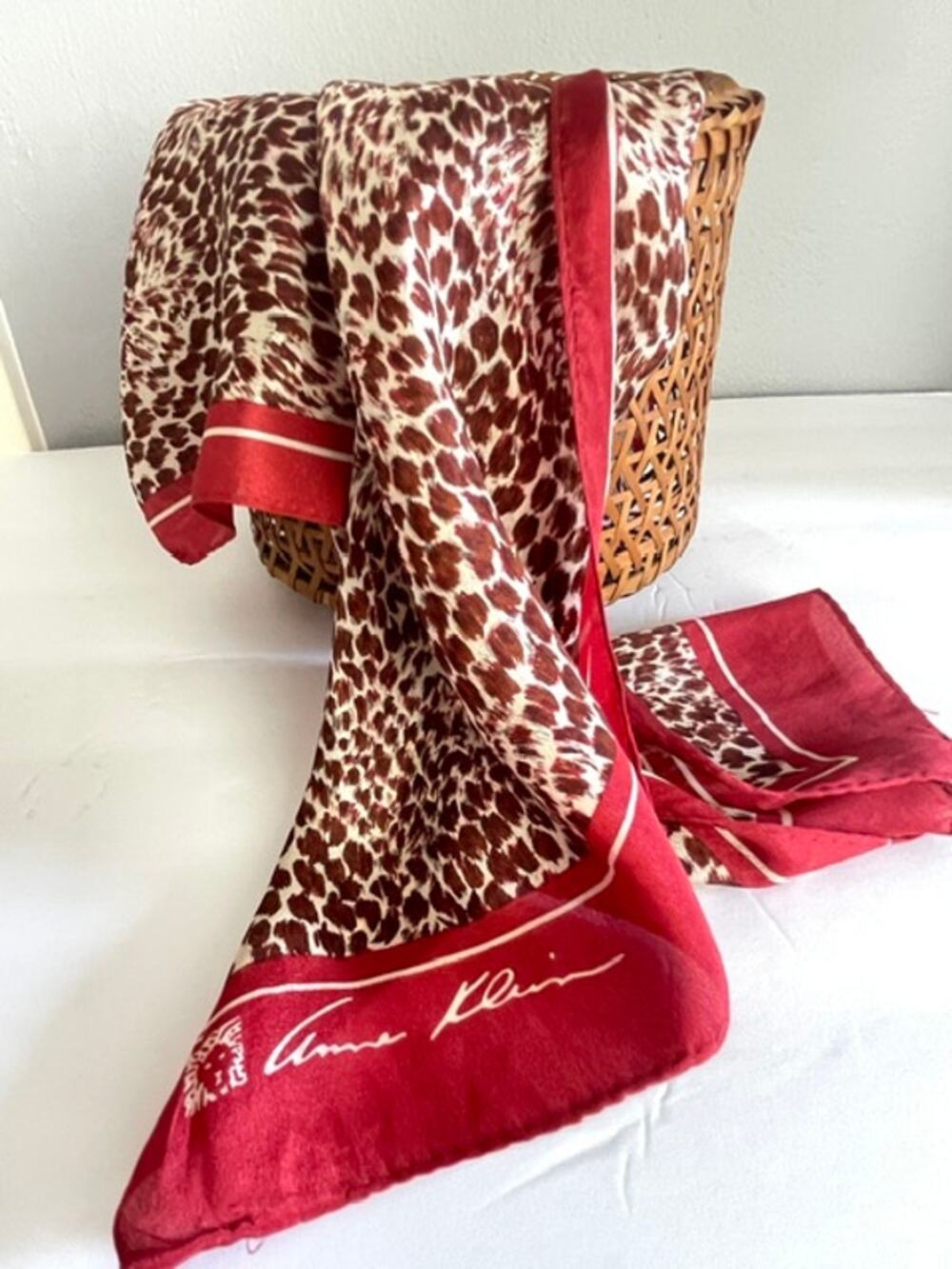 Anne Klein Vintage Silk Leopard Print Scarf Made in Japan Red Animal Print Wrap